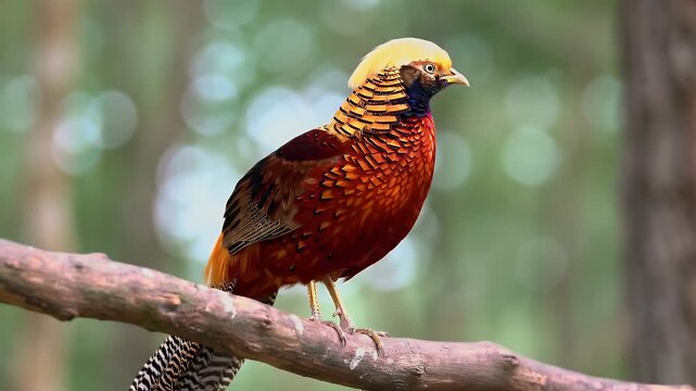 Close-up portrait of male ring-necked pheasant perched on tree branch in natural forest habitat