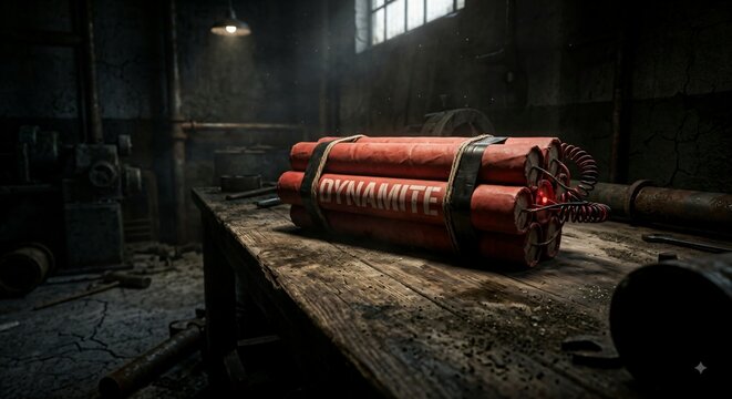 Dynamite Explosives Bundle on a Wooden Workbench in a Dark Industrial Workshop