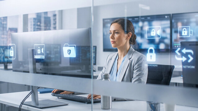 Female professional diligently working at her computer workstation in a modern office environment, surrounded by augmented reality cybersecurity icons representing robust data protection and secure.