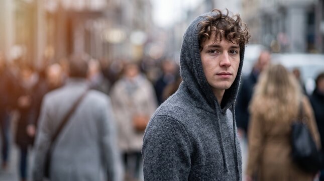A young man in a hoodie stands out from a blurred crowd on a busy city street, looking directly at the camera with a thoughtful expression