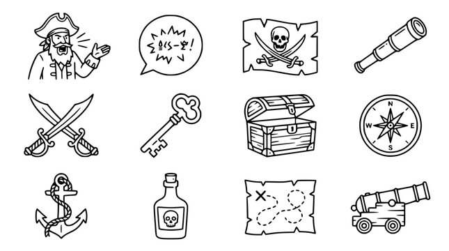 Pirate Icon Set - Treasure Map, Ship Wheel, Cannon, Spyglass, Anchor, Cutlass