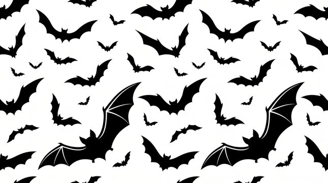 A seamless pattern of black bats flying in various sizes and orientations against a white background, creating a spooky and festive Halloween theme