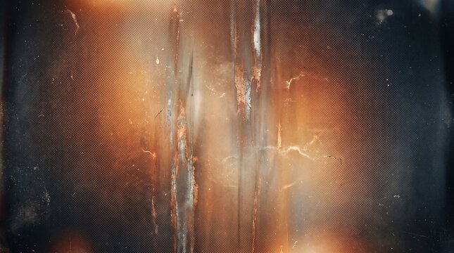 A gritty, abstract background with warm orange and brown tones, resembling a distressed texture or a close-up of a rough surface. The image has a vintage, almost cinematic feel.