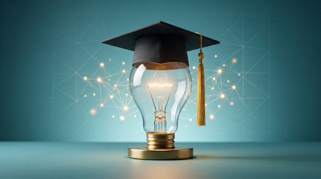 A glowing lightbulb wearing a graduation cap, symbolizing education and innovation