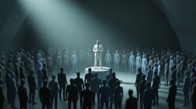 A lone man stands on a podium, illuminated by a spotlight, addressing a large, faceless crowd in a dark, cavernous space. The scene evokes a sense of authority, influence, and a powerful speech