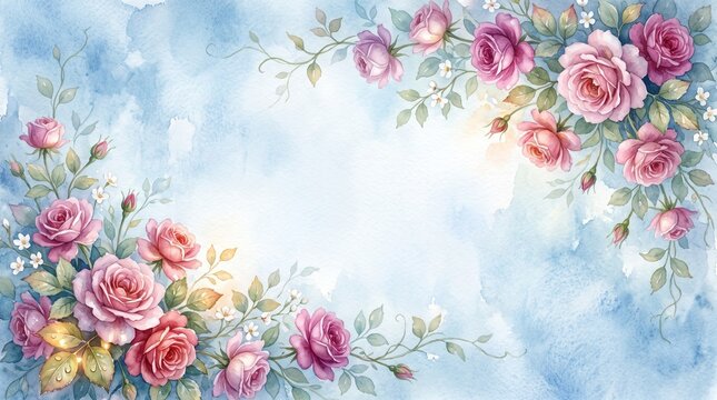 A beautiful watercolor painting of pink and red roses with green leaves against a light blue cloudy sky background.