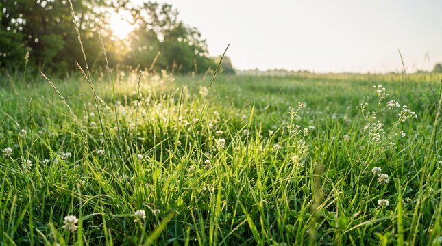 A serene meadow bathed in the warm glow of the rising sun, with dewdrops sparkling on blades of green grass and tiny wildflowers dotting the landscape