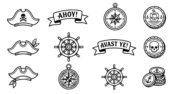 Pirate Icon Set: Hats, Compass, Ship Wheel, Coins, Banners, Isolated