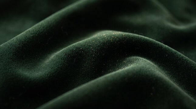 Close-up shot of luxurious dark green velvet fabric with soft folds and a textured surface, evoking a sense of richness and elegance