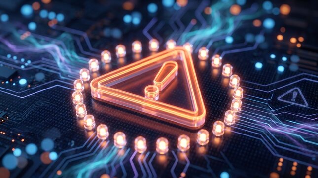 An illuminated warning symbol with an exclamation mark inside a triangle, surrounded by a glowing circle of small lights, all set against a digital circuit board background