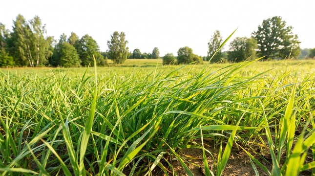 A lush green field of tall grass with trees in the background, bathed in the warm glow of sunlight. This tranquil scene evokes a sense of peace and natural beauty