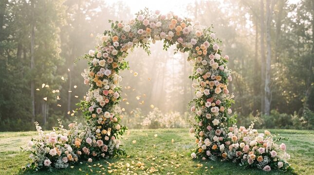 A beautiful floral archway adorned with soft pink and peach roses, set against a backdrop of a sun-dappled forest
