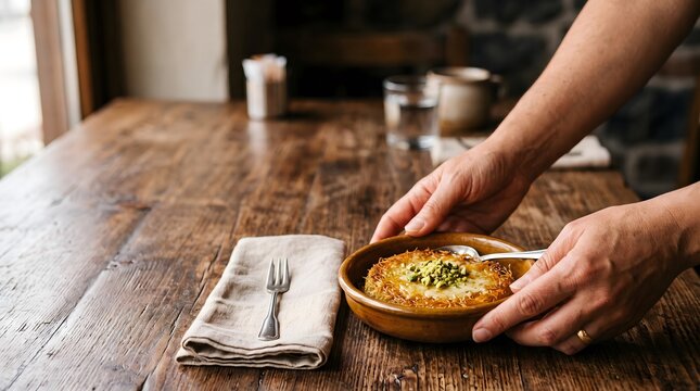 Hands serving a delicious kunafa dessert with pistachios on a rustic wooden table