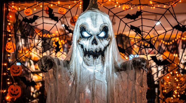 Spooky Halloween Ghost Decoration with Web and Lights