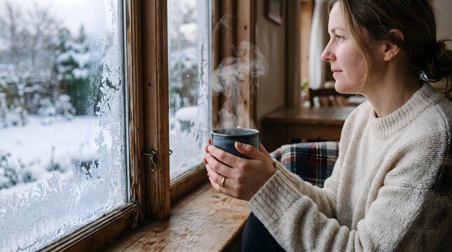 Woman holding hot drink by frosty window in winter cozy scene