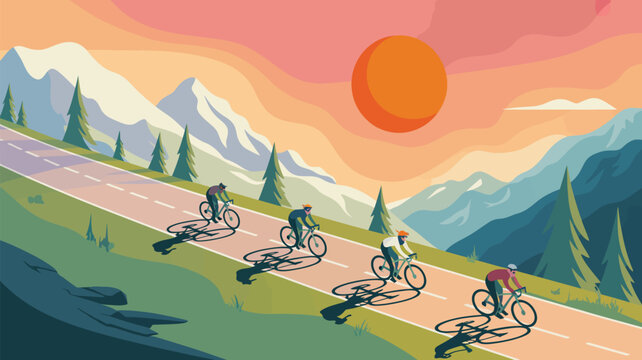 Group of cyclists riding bicycles on a scenic mountain road during sunset, vector landscape illustration