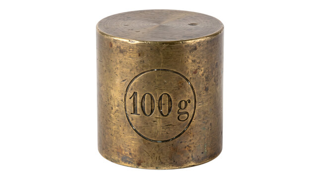 A heavy brass cylindrical weight marked 100g used for precise mass measurement in scientific experiments or calibration of scales.