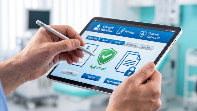 Medical professional's hands interacting with a tablet computer displaying an approved consent workflow, emphasizing secure digital documentation and modern patient management systems in a clinic.
