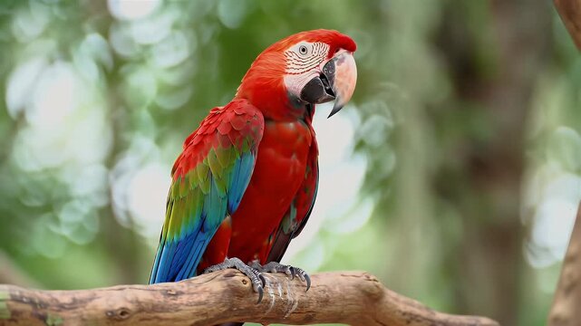 Vibrant red and blue scarlet macaw parrot perched on natural wooden branch in lush green forest
