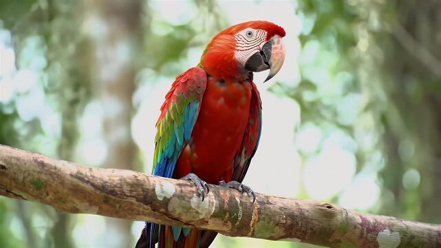 Vibrant red and blue scarlet macaw parrot perched on natural wooden branch in lush green forest