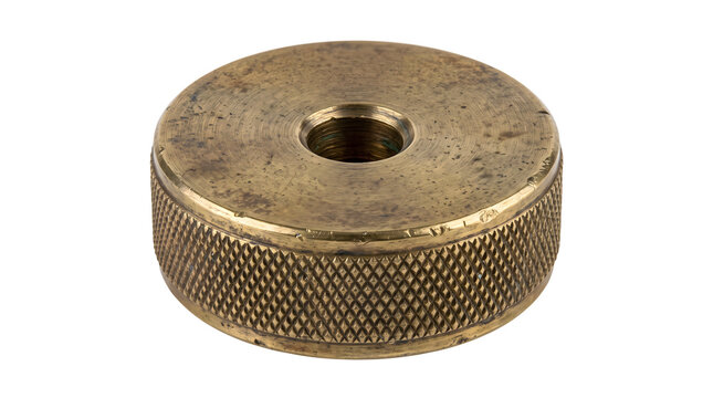 Brass knurled cap with threaded interior, a metal component for machinery or equipment, offering grip and secure fitting.