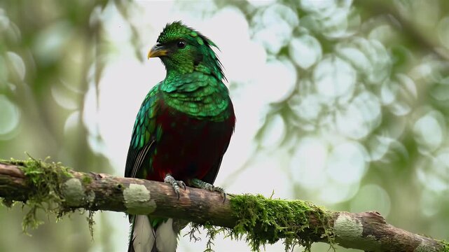 Vibrant green and red parrot perched on moss-covered branch in lush forest setting