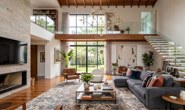 Interior de sala de estar com arquitetura aconchegante, um p&eacute; direito duplo, incr&iacute;vel design de interiores, decora&ccedil;&atilde;o moderna, renderiza&ccedil;&atilde;o 3D, ilustra&ccedil;&atilde;o 3D com muita madeira