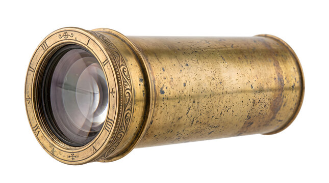 Ornate brass telescope lens barrel with engraved roman numerals and glass optic delivers classic aesthetic for vintage nautical navigation and astronomy studies.