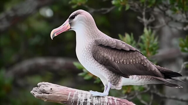 Close-up portrait of a majestic frigatebird perched on driftwood in lush tropical foliage