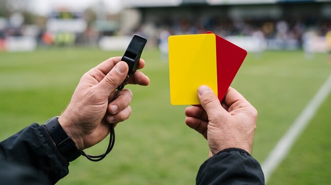 Referee holding whistle and yellow and red cards on a soccer field