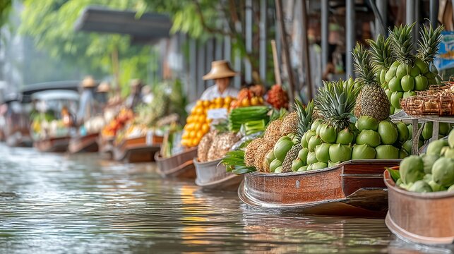 Traditional Asian Floating Market with Fresh Tropical Fruit on Wooden Boats
