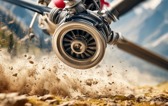 Close-up of rotating propeller and engine of small aircraft on dirt surface