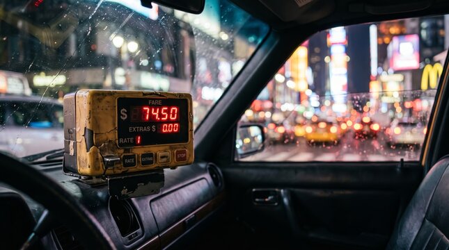 Taximeter showing high fare inside city cab at night