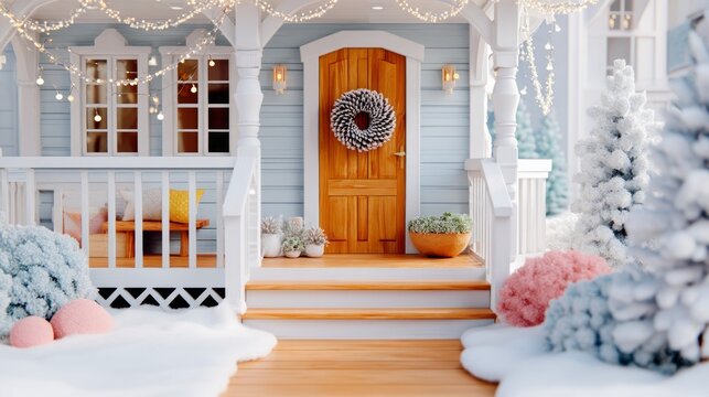 Cozy winter porch decorated with holiday wreath and lights during snow season