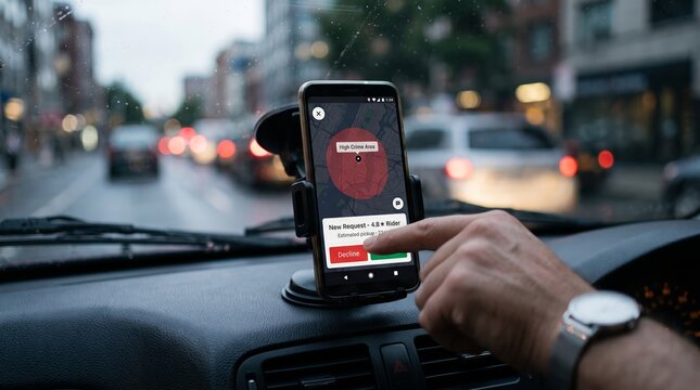 Rideshare driver declining ride request in high crime zone