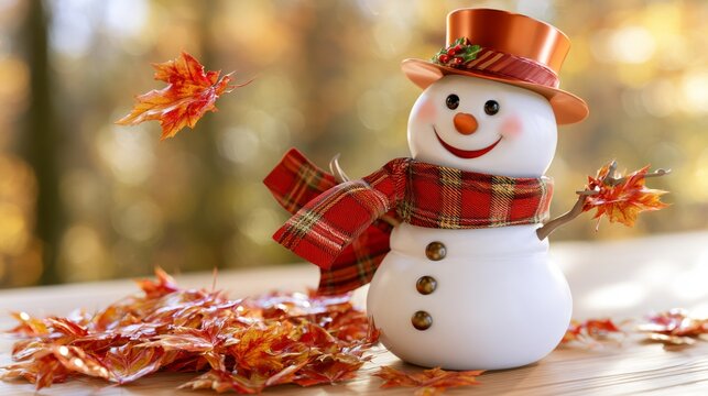 Cheerful snowman figure wearing hat and plaid scarf with autumn leaf background