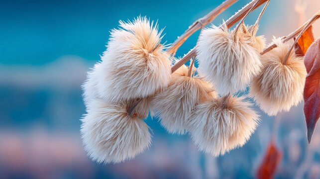 Close-up of soft fluffy seed heads on branches with natural blue background