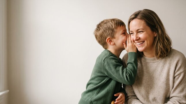 Joyful mother laughs as her young son whispers a secret into her ear, celebrating Childrens Day