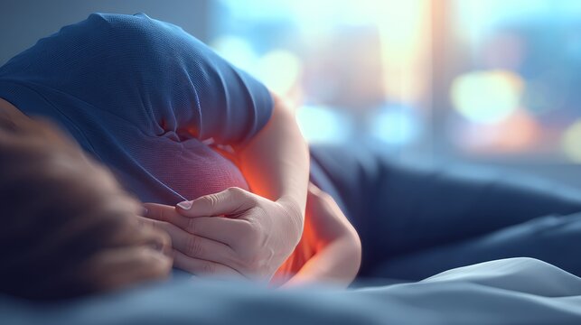 Person lying down experiencing severe abdominal pain with hand on stomach