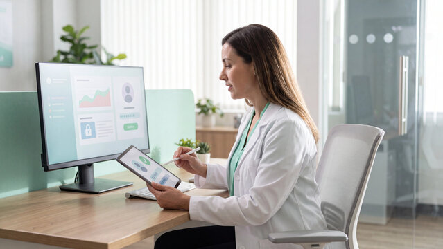 Female doctor in a white lab coat meticulously reviews patient data and medical charts on a desktop monitor and digital tablet, utilizing technology for efficient healthcare management in a modern.