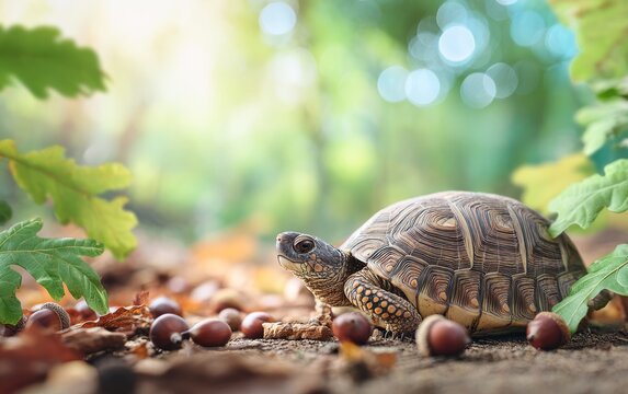 Close-up of small tortoise walking on forest floor surrounded by autumn leaves and acorns