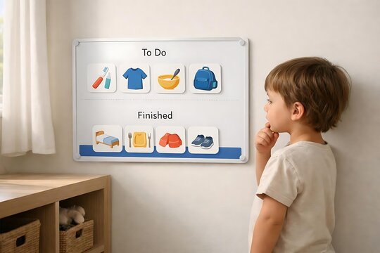 Child Following To Do And Finished Visual Schedule