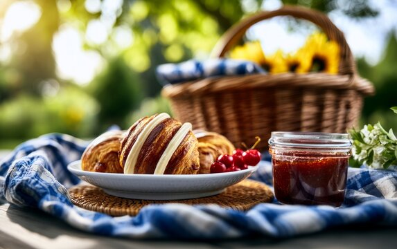 Freshly baked croissant with jam and berries on picnic table outdoors