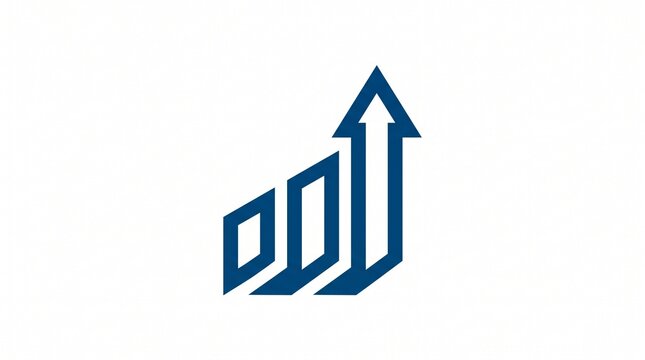 Navy blue bar chart logo with upward arrow. Geometric and professional. Symbolizes growth, progress, and success. Perfect for finance, business, or analytics brand.