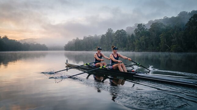 Two women rowing in a double scull boat on a misty lake at sunrise with forest in the background