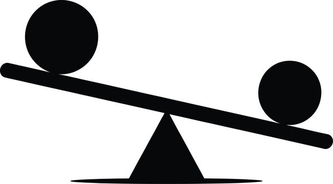 Two different sized balls on an unbalanced seesaw scale silhouette for comparison inequality leverage heavy light and business choice concepts