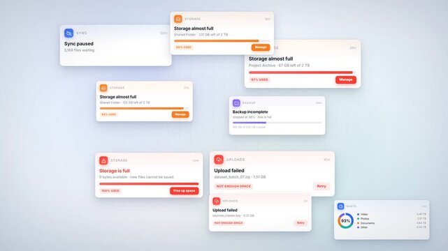 Storage full notification popups with failed uploads and paused cloud sync warnings