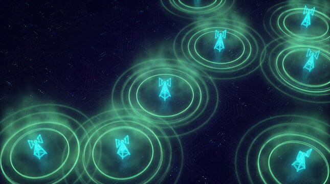Abstract digital network of data center communication towers emitting green signal waves representing wireless connectivity and high speed cloud computing technology infrastructure.