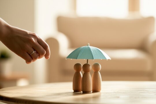 Hand reaching toward wooden family figures under a small umbrella. Concept for life insurance and family protection themes.