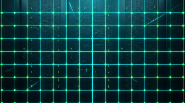 Abstract green glowing grid background representing digital data center network connection cyber security matrix system technology concept with futuristic light lines and bright dots.